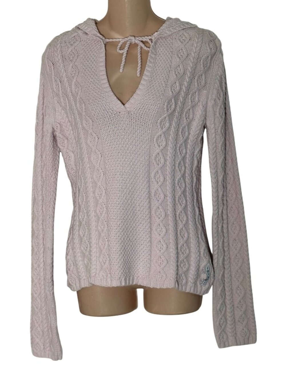 Vintage Polo Jeans Co. Pink Hooded Cable Knit Sweater V-Neck Tie Medium Y2K L/S